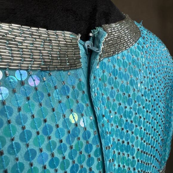 STENAY Vintage 80's VTG Teal Blue 100% Silk Sequin Beaded Cocktail Party Dress 6 - Picture 8 of 13